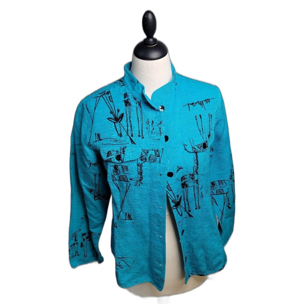 Chico's Blue Giraffe Jacket size 1 US Med 71% Silk 27% Linen 2% Cotton